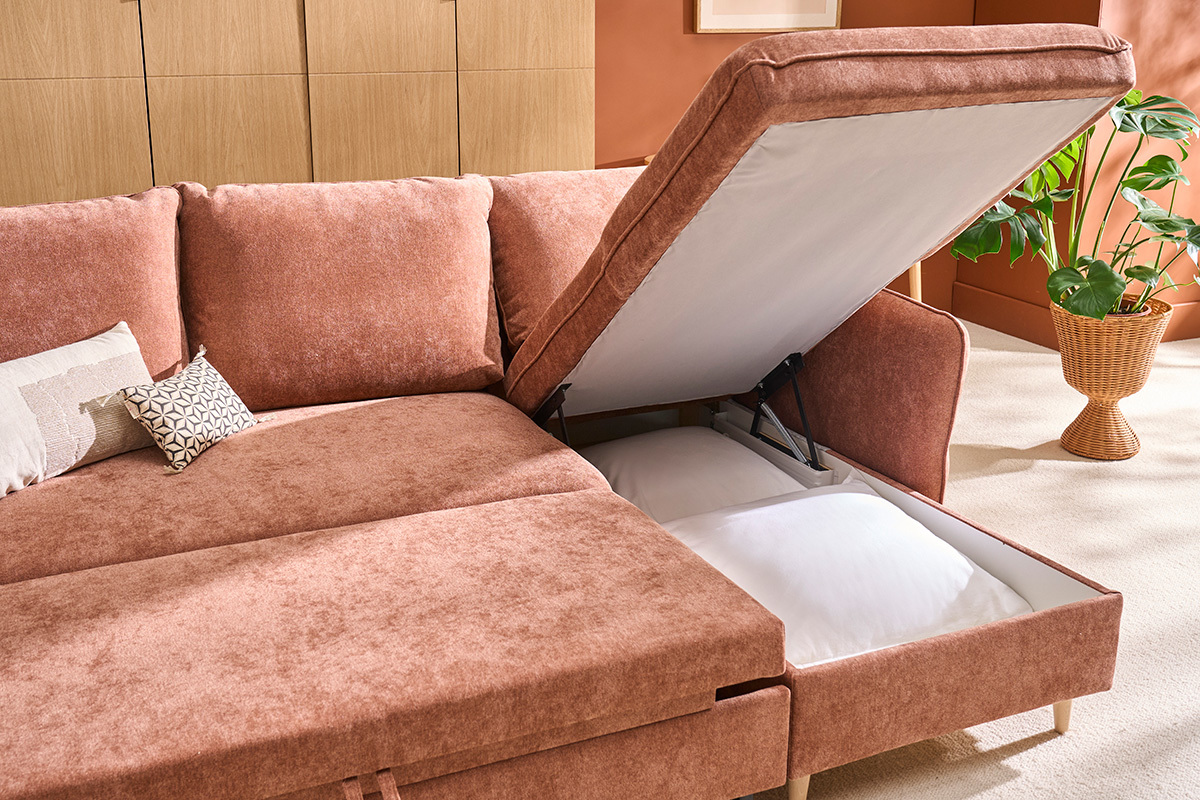 Canap d'angle convertible rversible avec coffre 3-4 places en tissu effet velours terre brle et bois clair DRISS