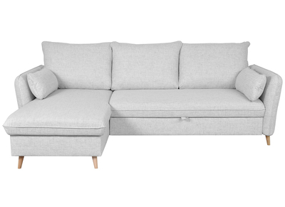 Canapé d'angle convertible réversible avec coffre 3-4 places en tissu gris clair et bois clair DRISS