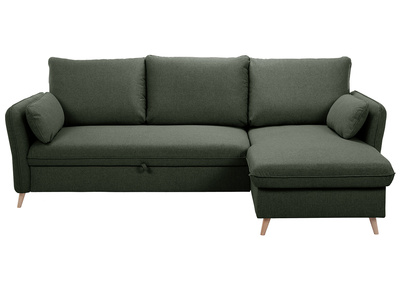 Canapé d'angle convertible réversible avec coffre 3-4 places en tissu vert kaki et bois clair DRISS
