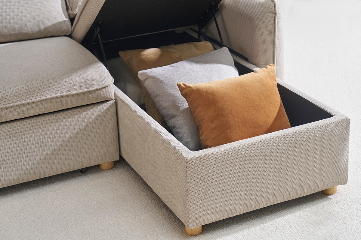 Canap d'angle convertible rversible avec coffre 3 places en tissu chenille beige et bois clair ORSO