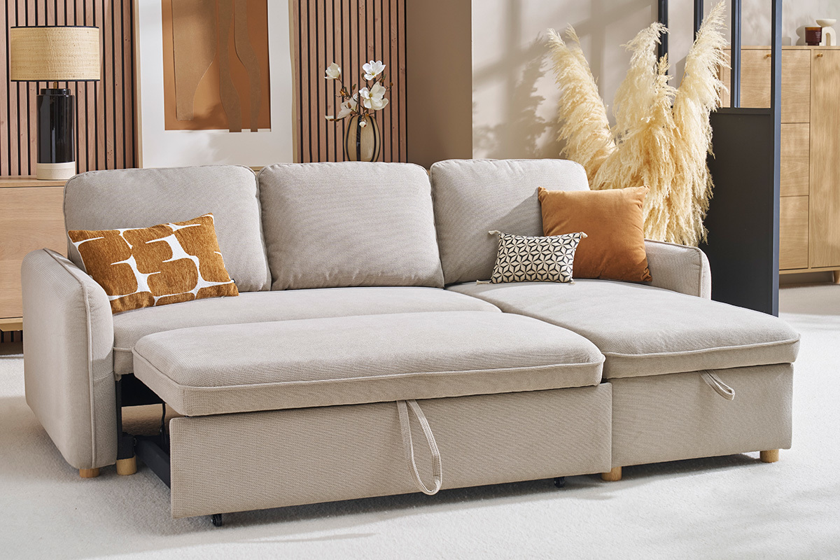 Canap d'angle convertible rversible avec coffre 3 places en tissu chenille beige et bois clair ORSO