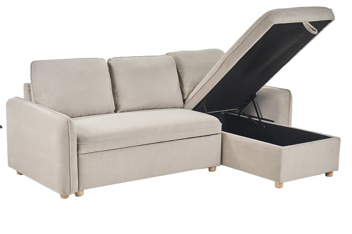 Canap� d'angle convertible 3 places beige avec coffre ouvert et pieds en bois clair.