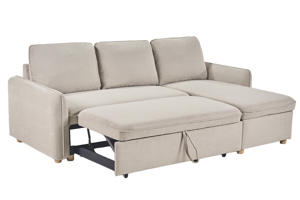 Canap� d'angle convertible beige 3 places avec coffre, tissu chenille, bois clair, vue de 3/4.