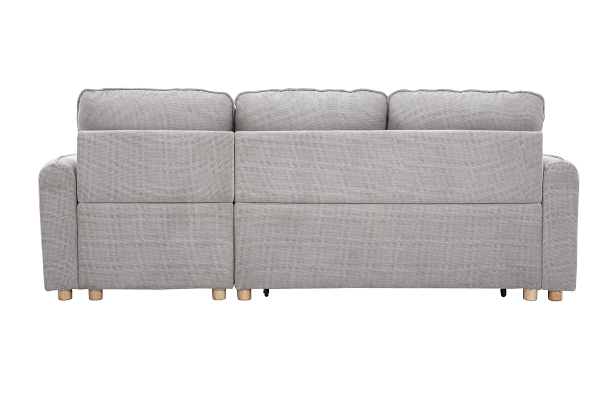 Canap d'angle convertible rversible gris et bois clair ORSO, 3 places, tissu chenille, coffre de rangement.