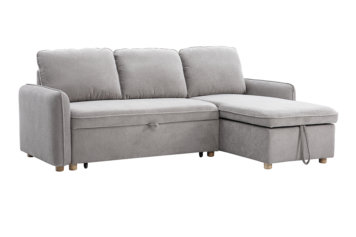 Canap d'angle convertible gris et bois clair ORSO avec coffre, 3 places, tissu chenille textur, rversible.