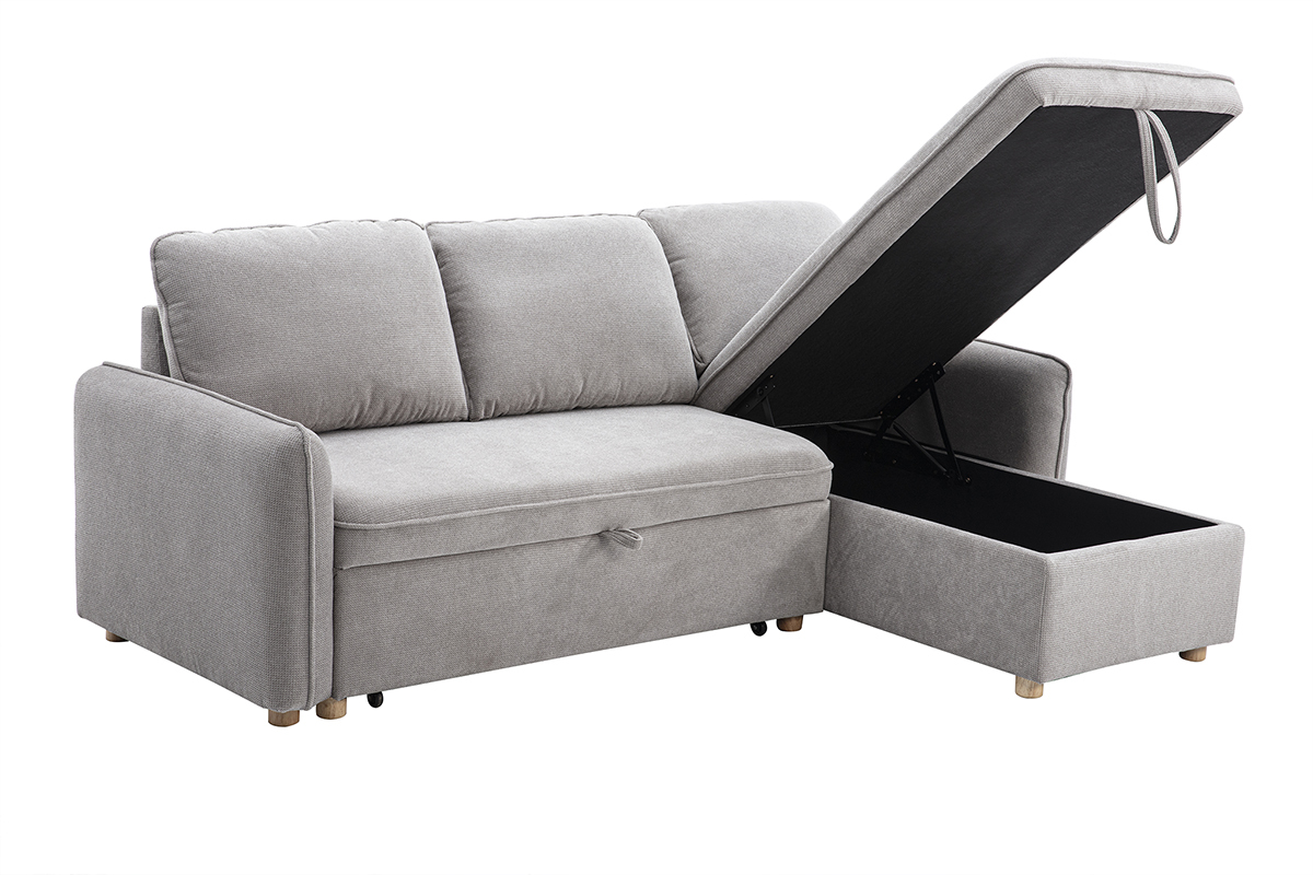 Canap d'angle convertible gris en tissu velours et bois clair ORSO