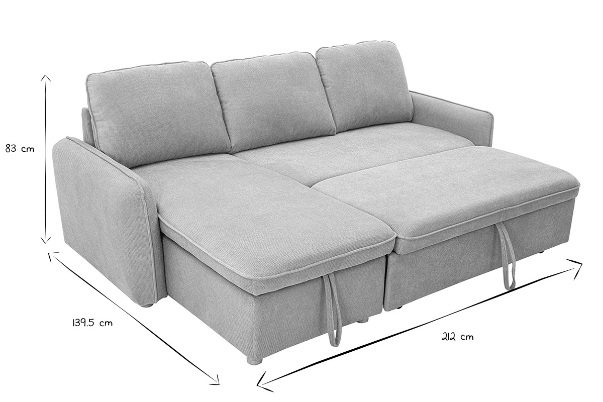 Canap d'angle convertible ORSO gris et en bois clair avec dimensions L212 x P139,5 x H83 cm