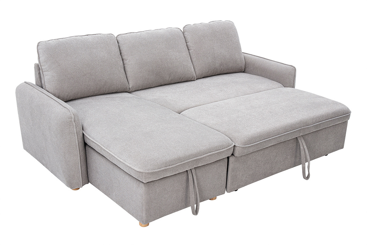 Canap d'angle convertible trois places en tissu gris effet velours textur avec pieds en bois clair.