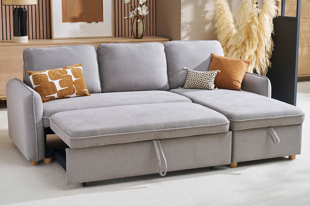 Canap d'angle convertible rversible avec coffre 3 places en tissu chenille gris et bois clair ORSO