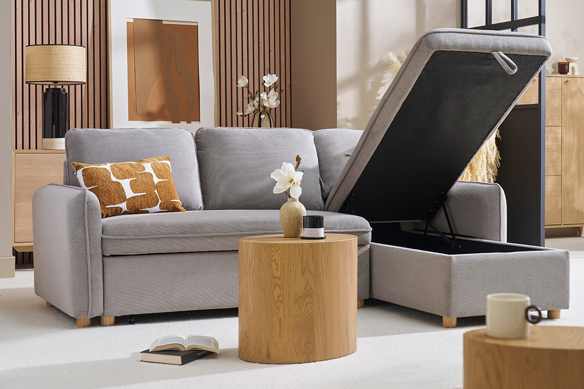 Canap d'angle convertible rversible avec coffre 3 places en tissu chenille gris et bois clair ORSO