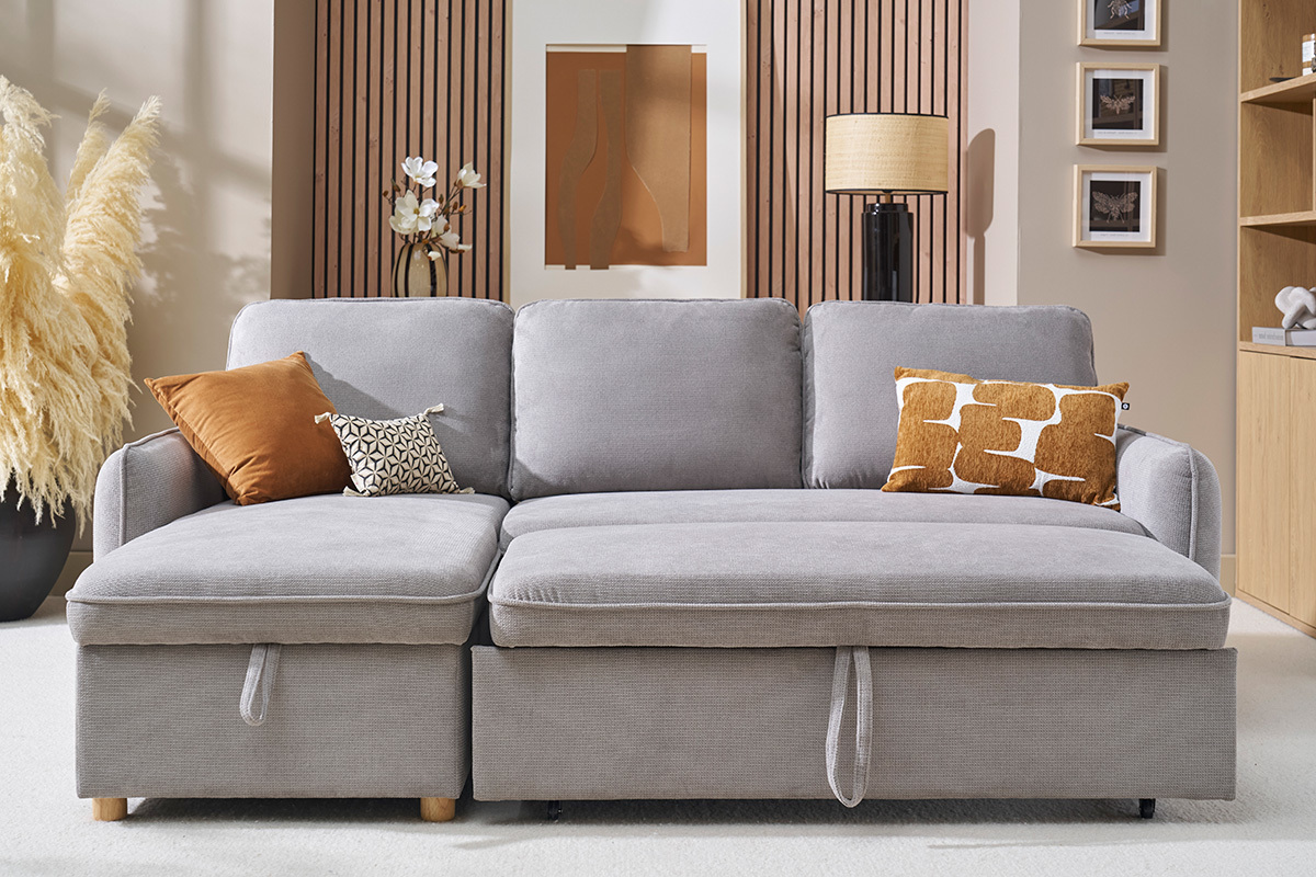 Canap d'angle convertible rversible avec coffre 3 places en tissu chenille gris et bois clair ORSO