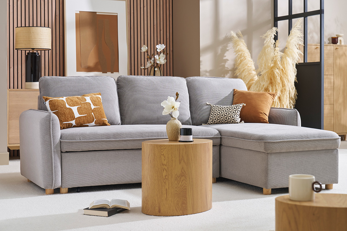 Canap d'angle convertible rversible avec coffre 3 places en tissu chenille gris et bois clair ORSO