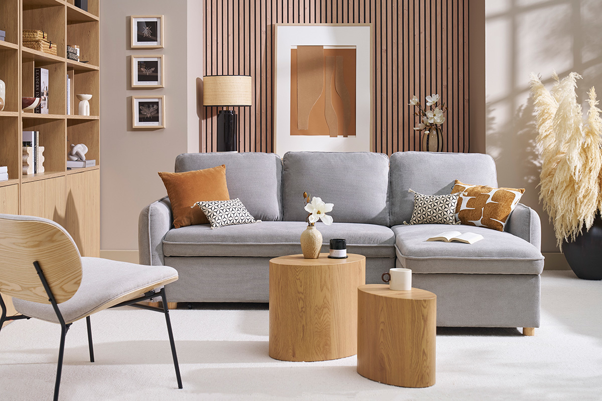 Canap d'angle convertible rversible avec coffre 3 places en tissu chenille gris et bois clair ORSO