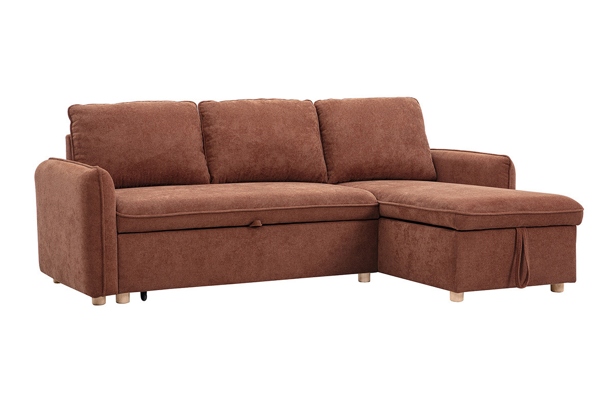 Canap d'angle rversible marron 3 places avec coffre en tissu.