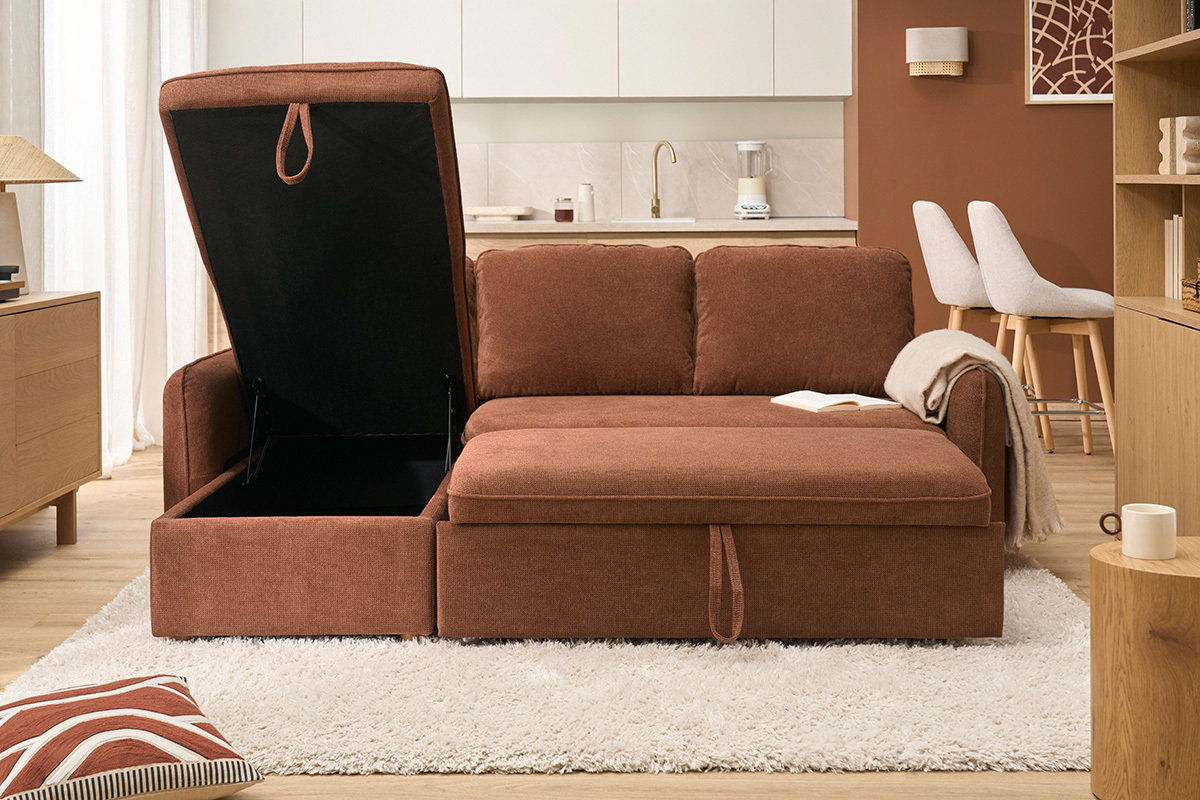 Canap� d'angle convertible r�versible avec coffre 3 places en tissu chenille terre br�l�e et bois clair ORSO