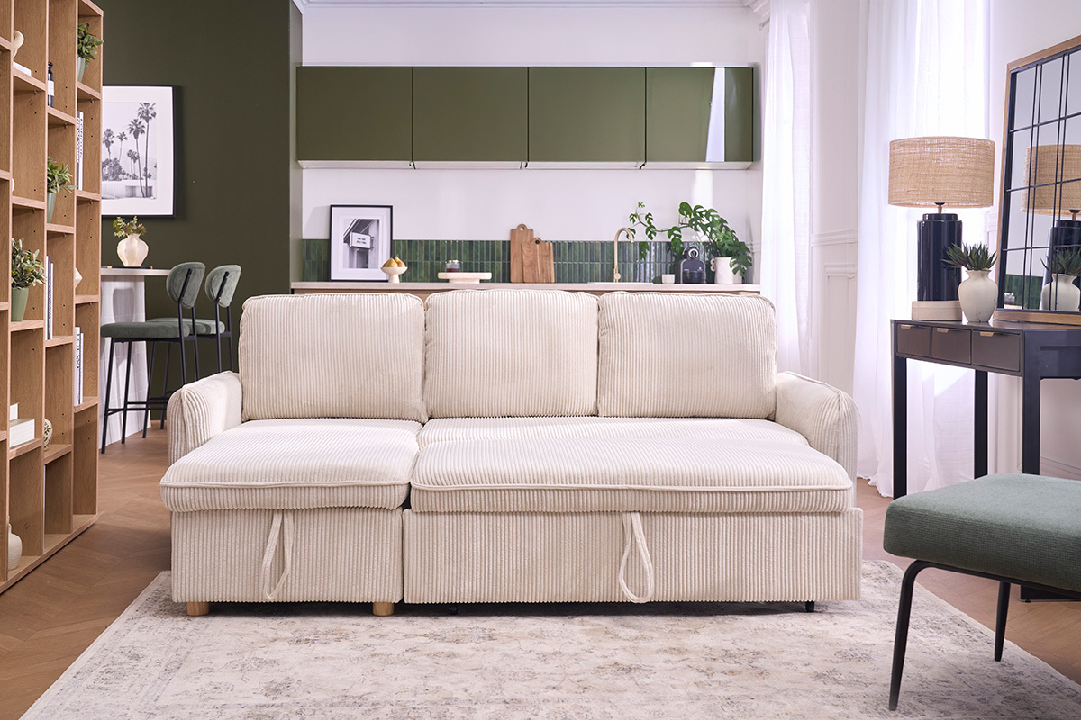 Canap� d'angle beige en tissu velours c�tel�, vue de face dans un salon moderne.