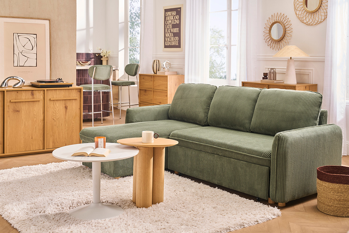 Canap� d'angle convertible r�versible avec coffre 3 places en tissu velours c�tel� vert kaki et bois clair ORSO