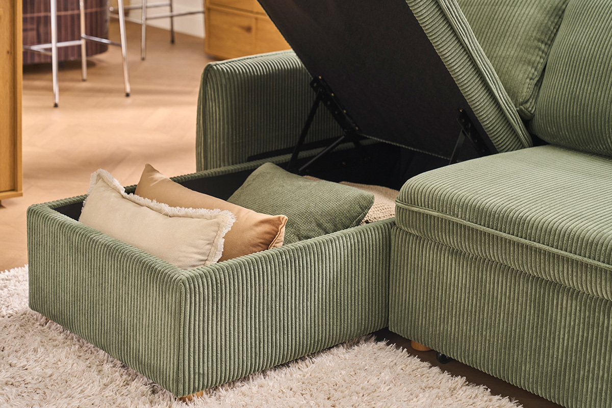 Canap� d'angle convertible r�versible avec coffre 3 places en tissu velours c�tel� vert kaki et bois clair ORSO