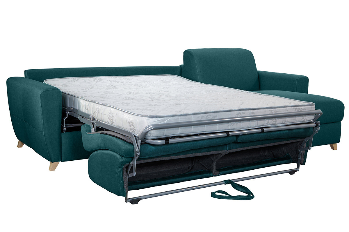 Canap d'angle convertible rversible avec coffre 4 places en tissu bleu canard et bois clair GRAHAM