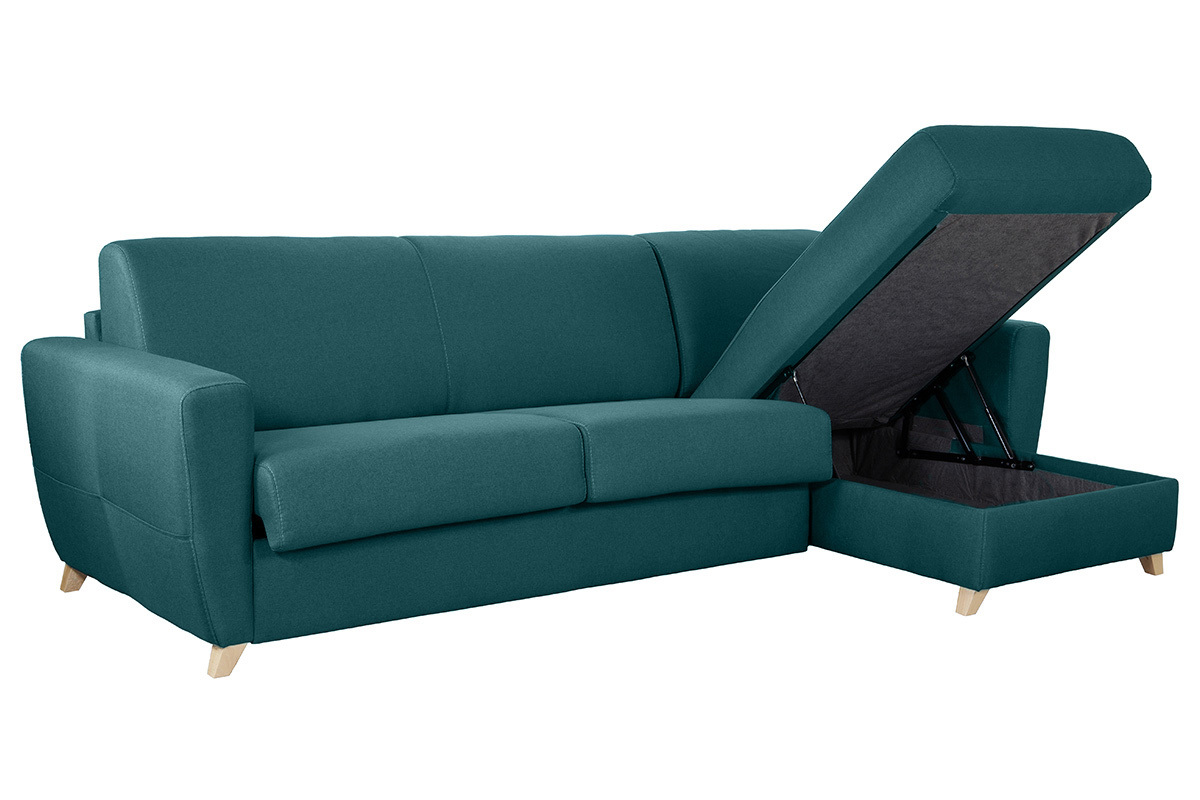 Canap d'angle convertible rversible avec coffre 4 places en tissu bleu canard et bois clair GRAHAM