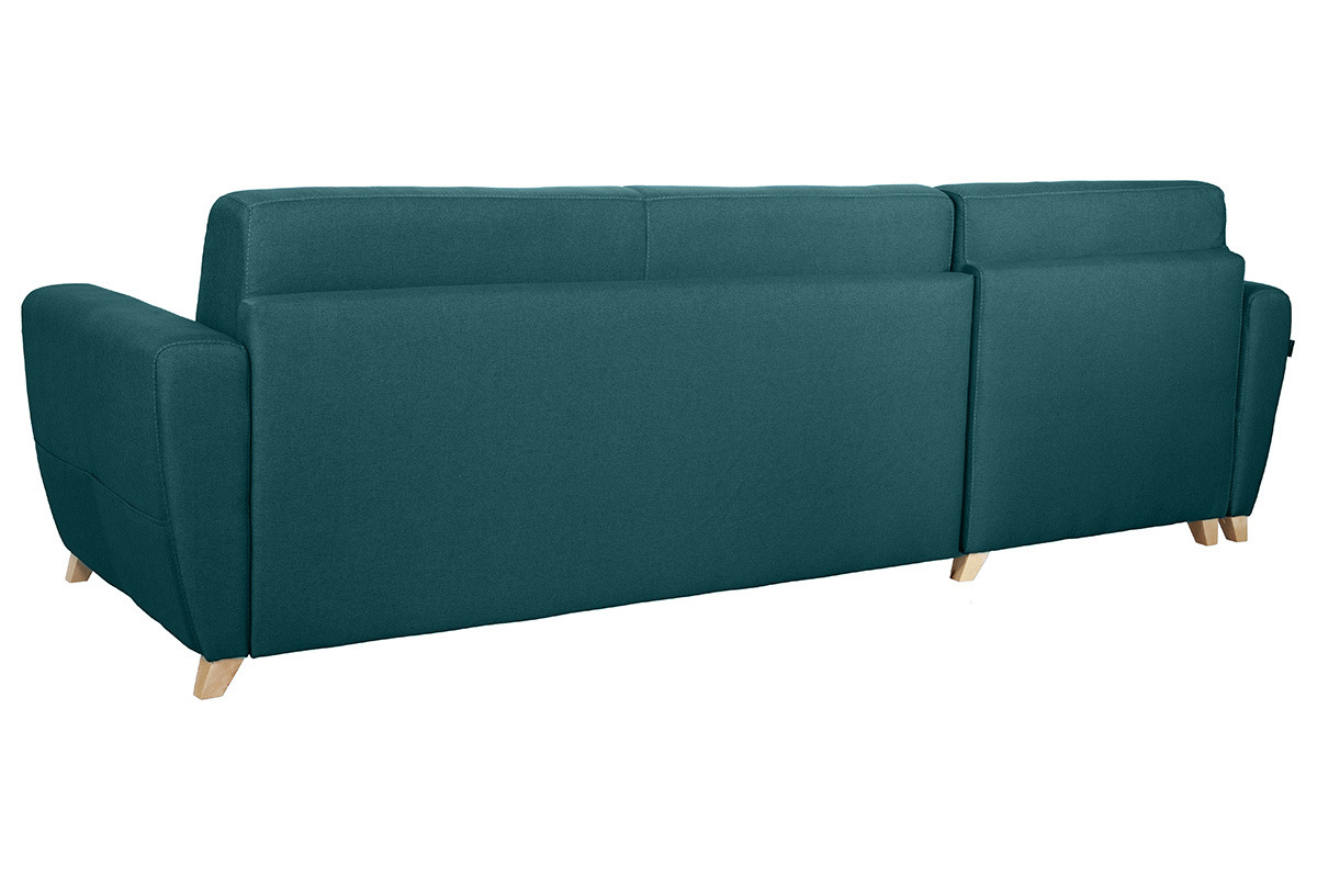 Canap d'angle convertible rversible avec coffre 4 places en tissu bleu canard et bois clair GRAHAM