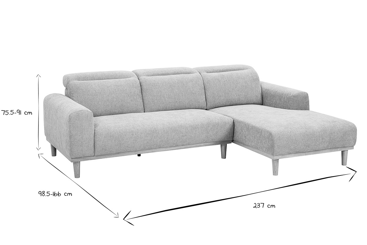 Dimensions du canap� d'angle droit 3 places HORACIO en noir et blanc, vue de face.