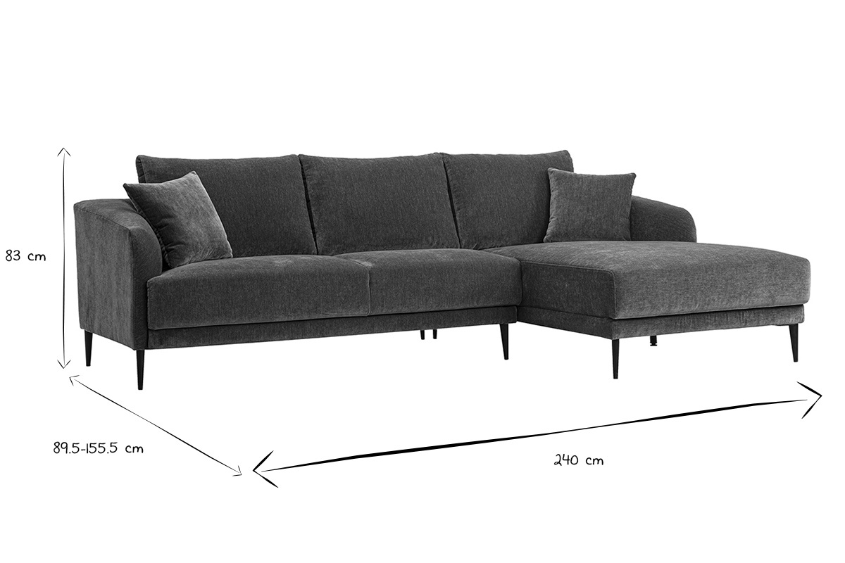 Dimensions du canap� d'angle droit JERRY en noir et blanc : L240 x P89.5-155.5 x H83 cm.