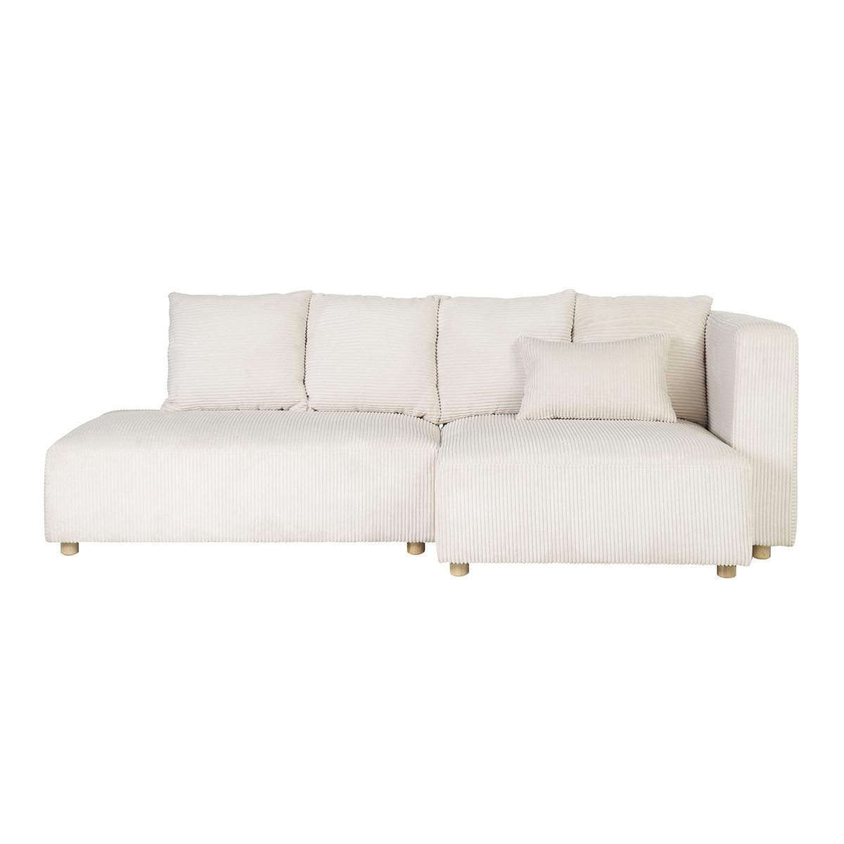 Canapé d'angle droit 3 places en tissu velours côtelé beige et bois clair HARLEM