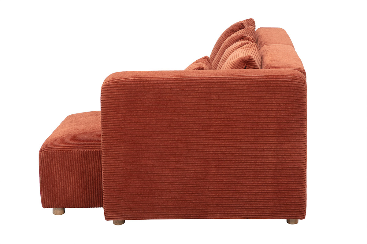 Canap� d'angle droit 3 places en tissu velours c�tel� terracotta, vue de profil