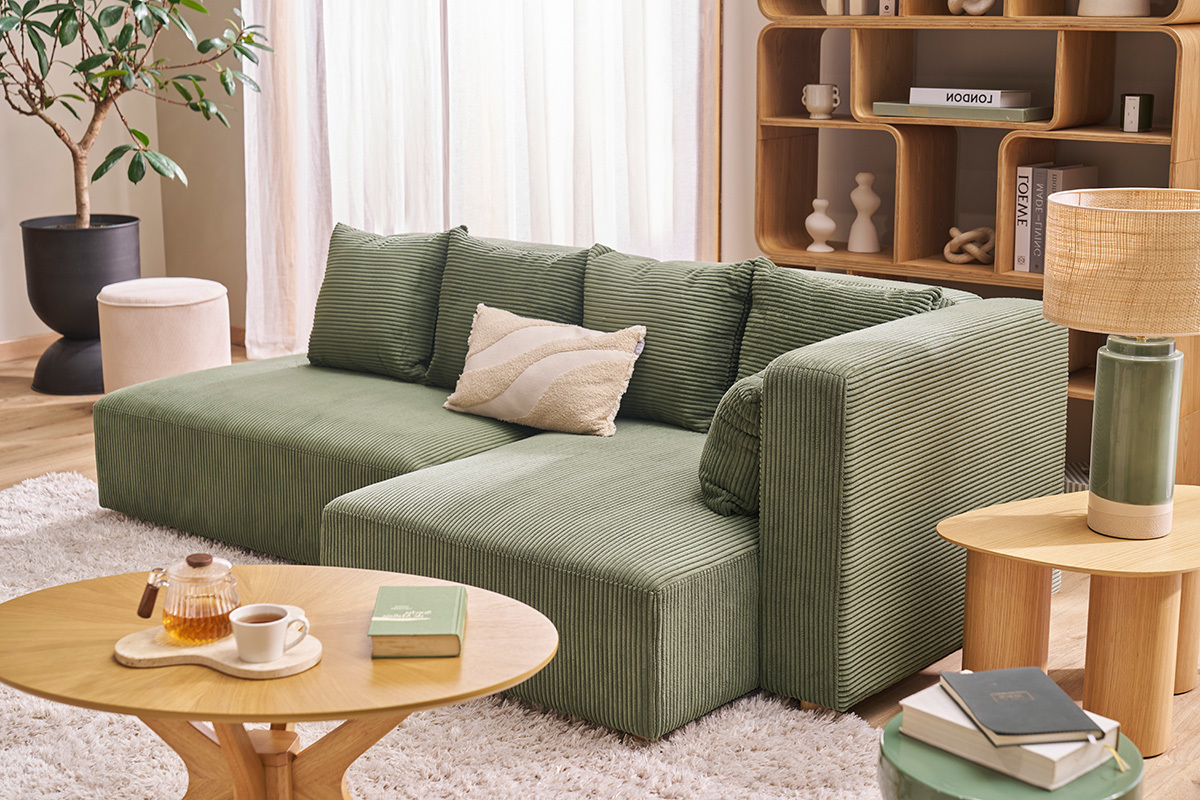 Canap d'angle droit 3 places en tissu velours ctel vert kaki et bois clair HARLEM