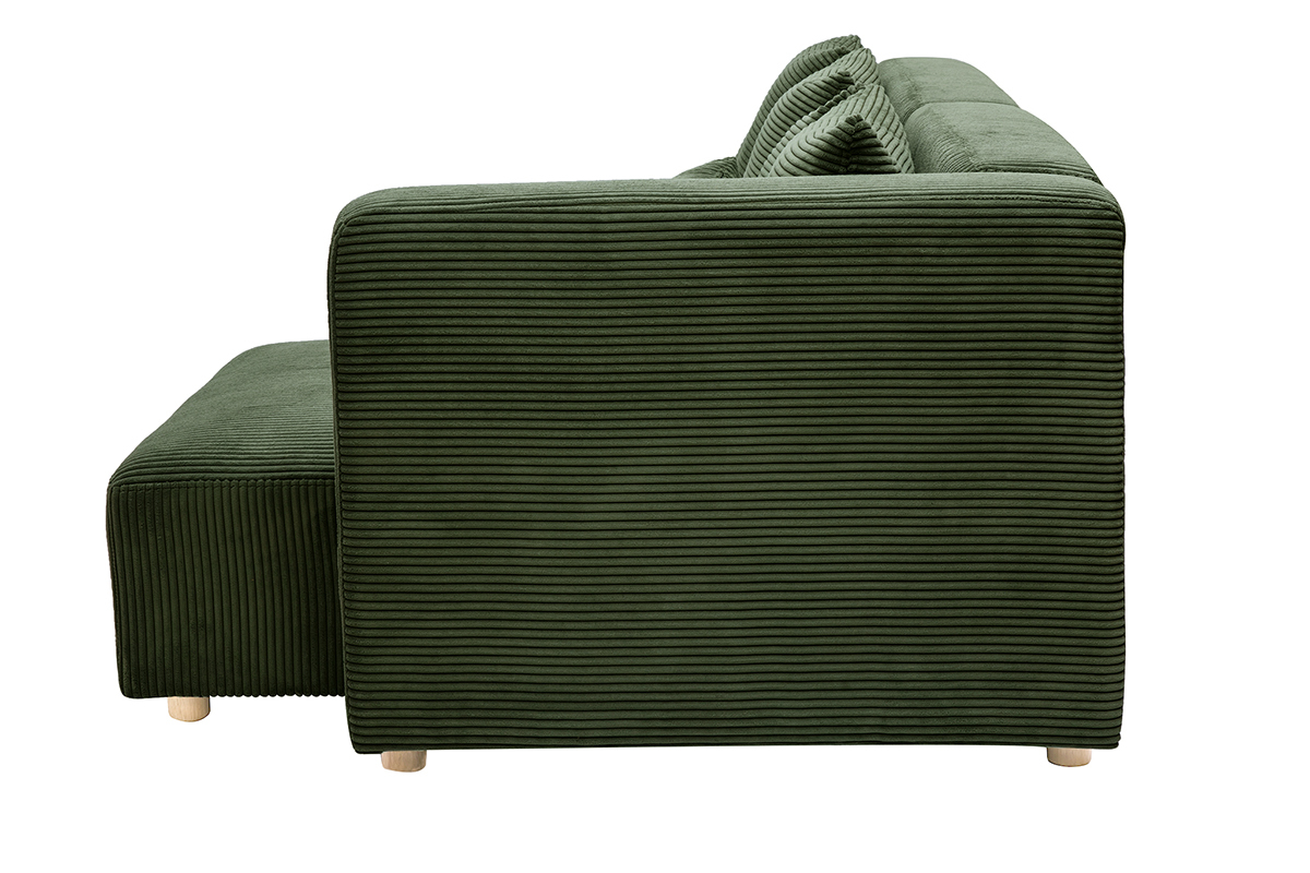 Canap d'angle droit 3 places en tissu velours ctel vert kaki et bois clair HARLEM