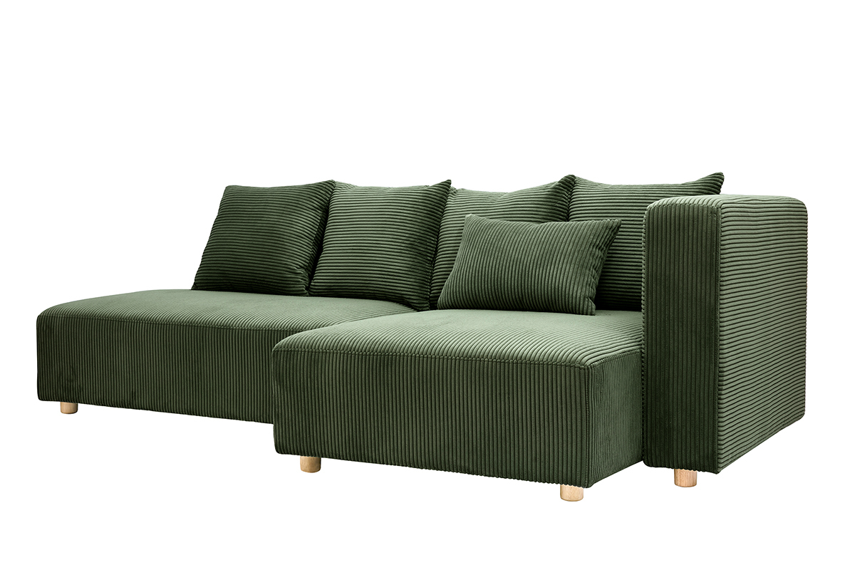 Canap d'angle droit 3 places en tissu velours ctel vert kaki et bois clair HARLEM