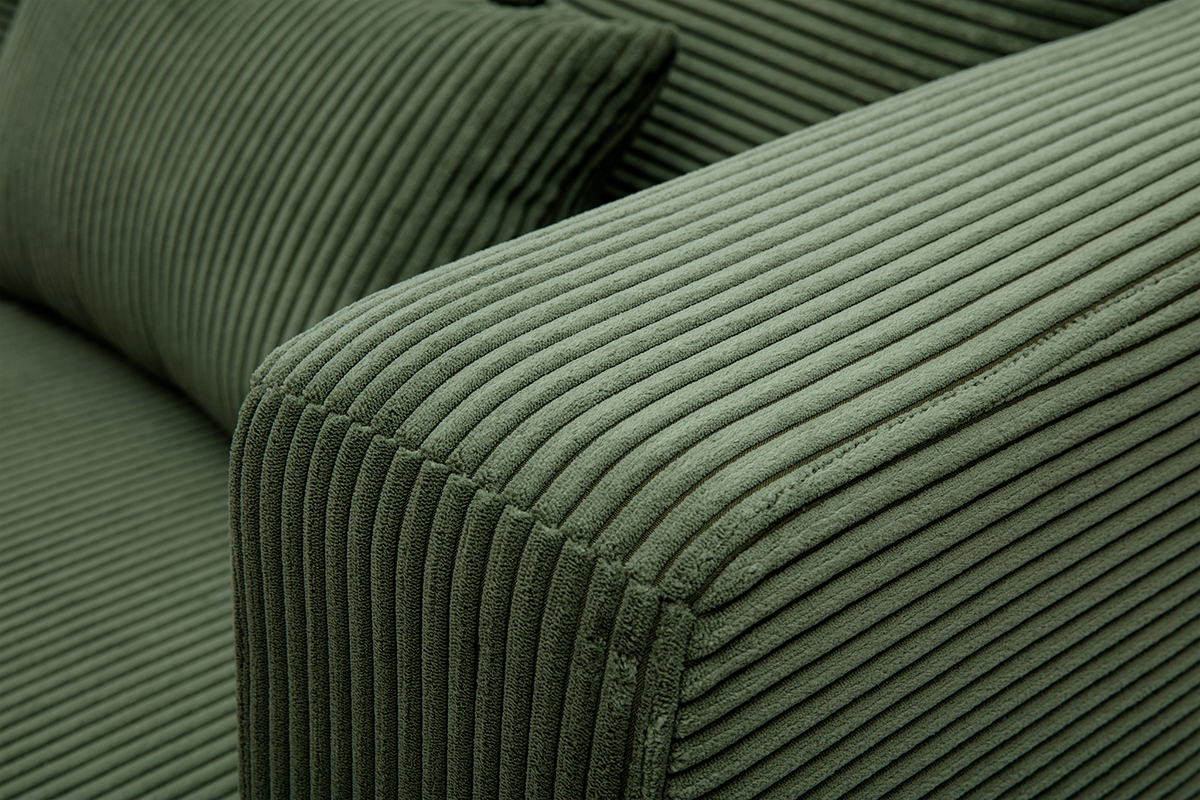 Canap d'angle droit 3 places en tissu velours ctel vert kaki et bois clair HARLEM