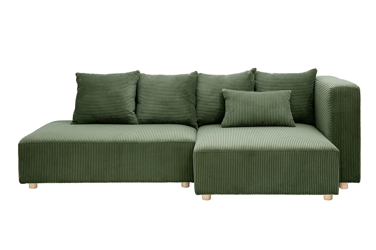 Canap d'angle droit 3 places en tissu velours ctel vert kaki et bois clair HARLEM