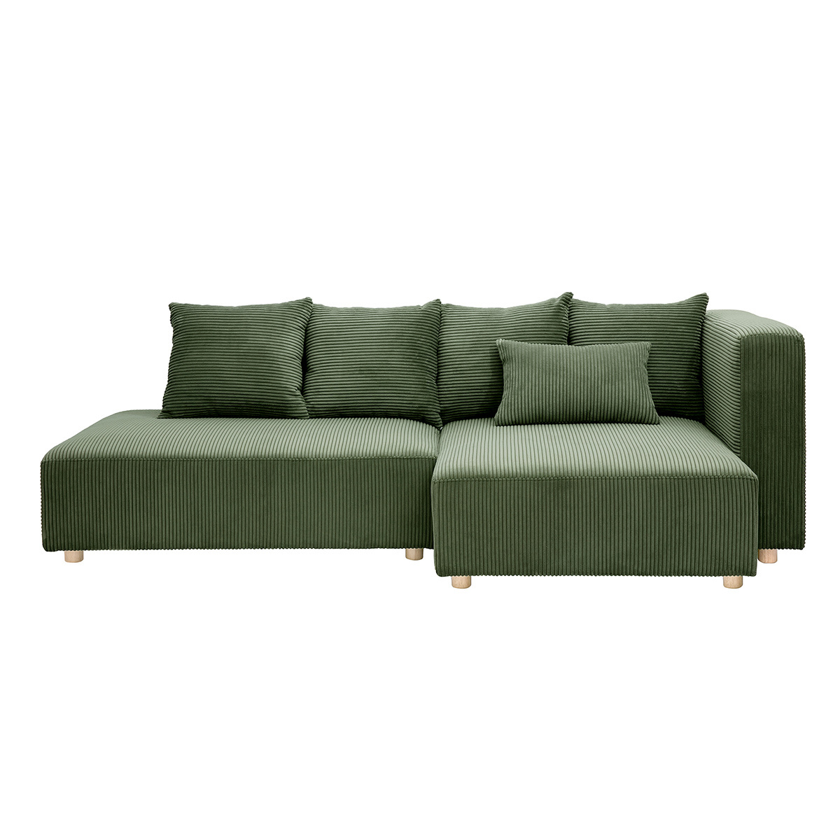 Canapé d'angle droit 3 places en tissu velours côtelé vert kaki et bois clair HARLEM