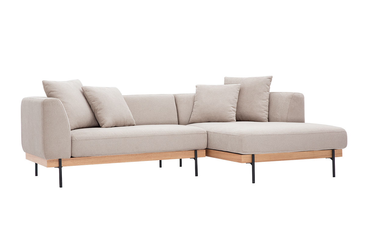 Canap� d'angle droit 4 places en tissu beige et m�tal noir, vue de 3/4.