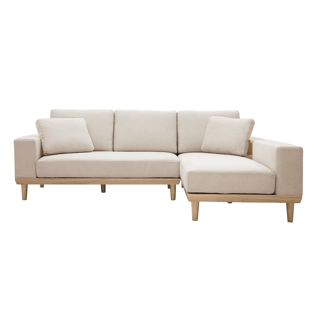 Canapé d'angle droit 5 places avec rangements en tissu effet velours texturé beige et bois clair KOMAO vue1