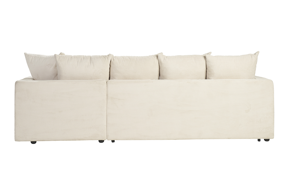 Vue de dos d'un canap d'angle droit en velours ctel beige.