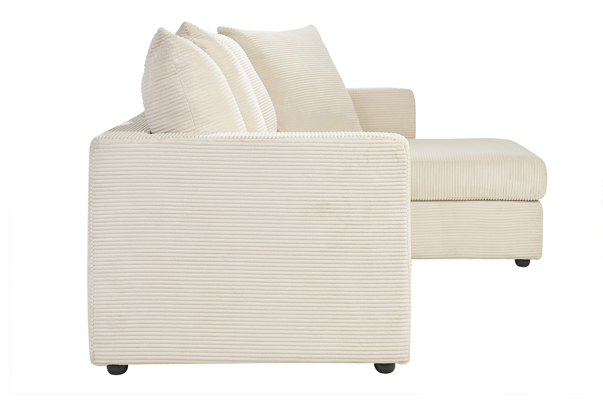 Canap d'angle droit en velours ctel beige, vue latrale.