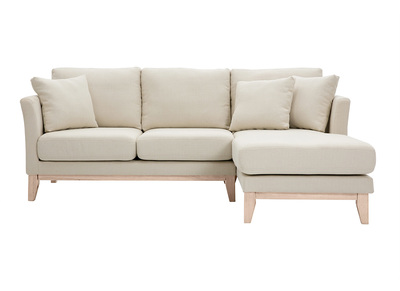 Canapé d'angle droit déhoussable 4 places en tissu beige et bois clair OSLO