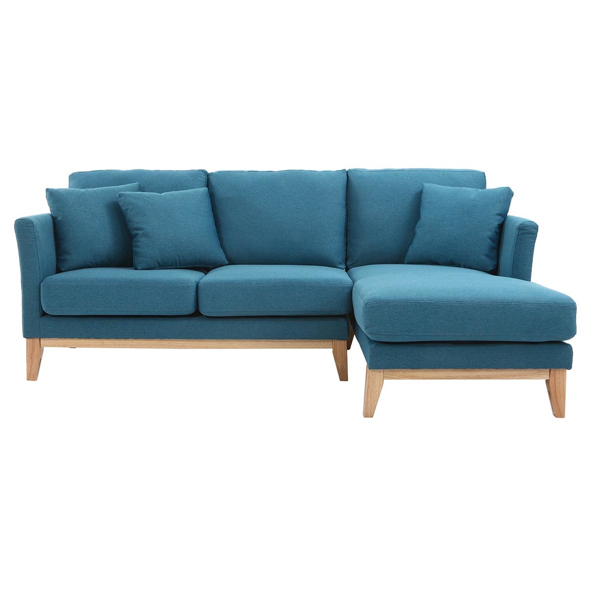 Canapé d'angle droit déhoussable 4 places en tissu bleu canard et bois clair OSLO vue1