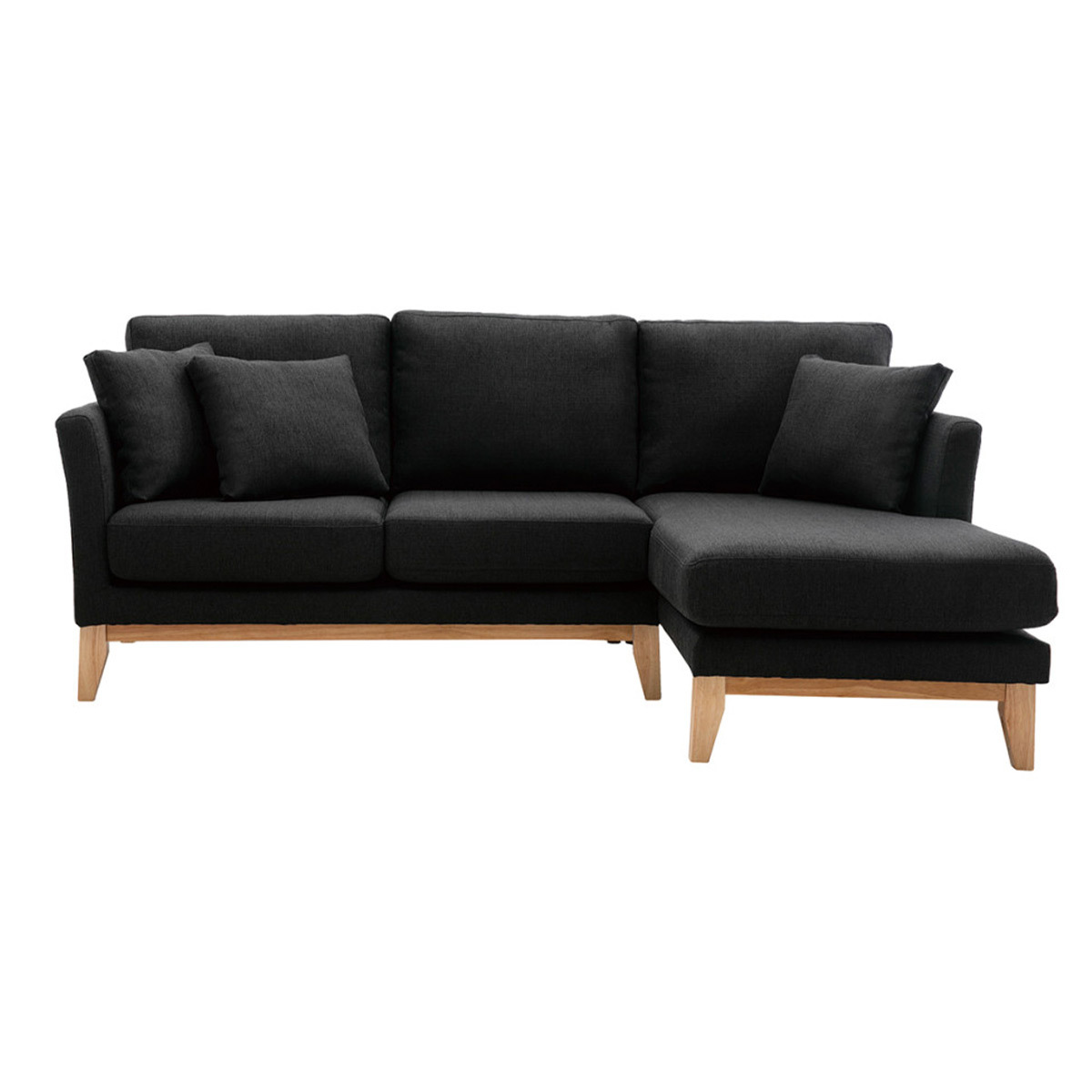 Canapé d'angle droit déhoussable scandinave 4 places en tissu gris foncé et bois clair OSLO