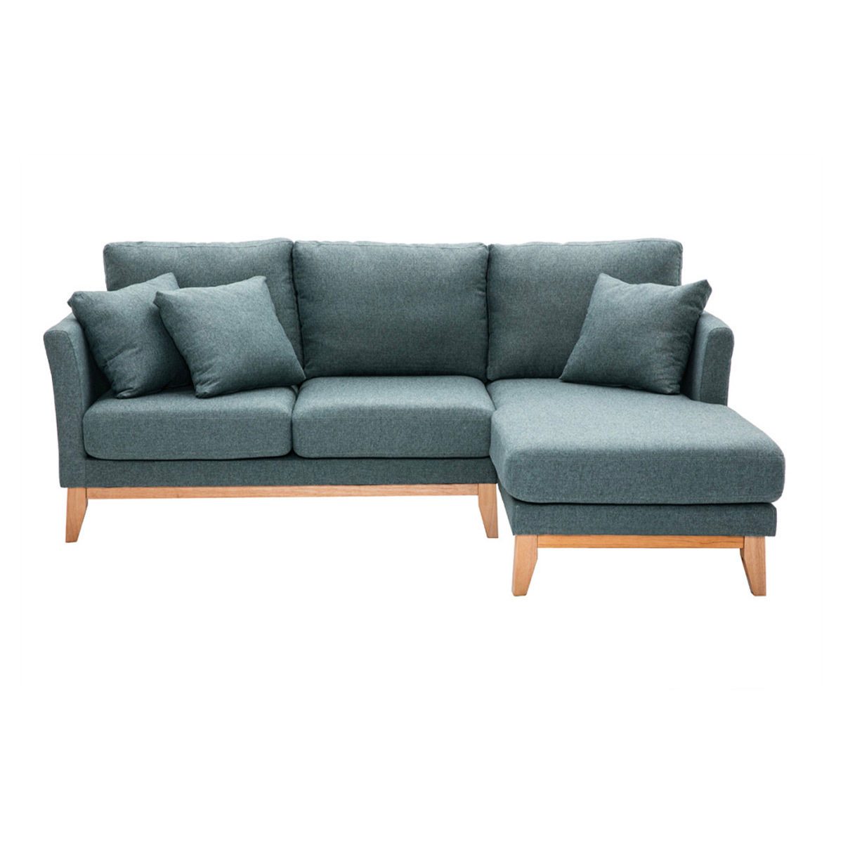 Canapé d'angle droit déhoussable scandinave 4 places en tissu vert de gris et bois clair OSLO