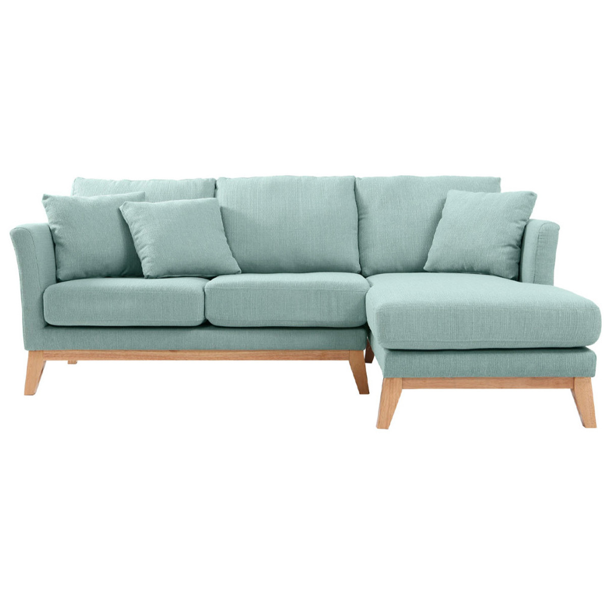 Canapé d'angle droit déhoussable scandinave 4 places en tissu vert lagon et bois clair OSLO