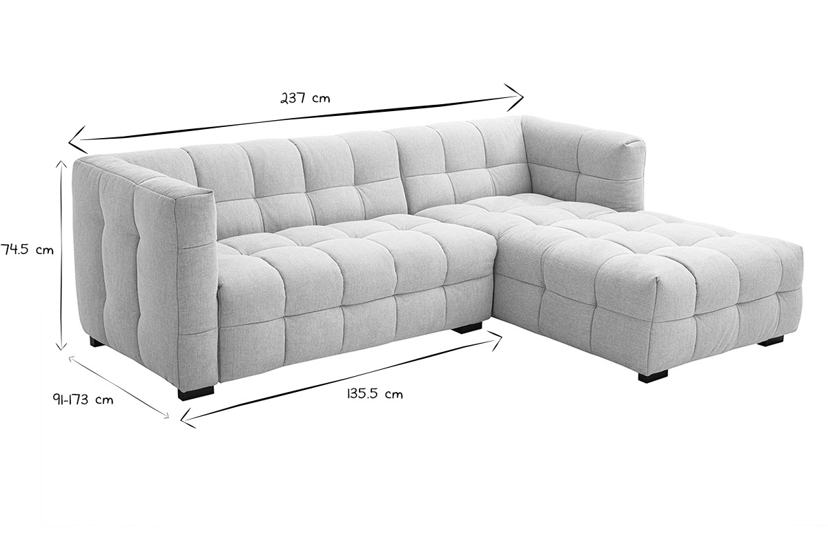 Canap d'angle droit 3 places CORTO beige en tissu effet velours textur, dimensions L237xP91-173xH74.5 cm