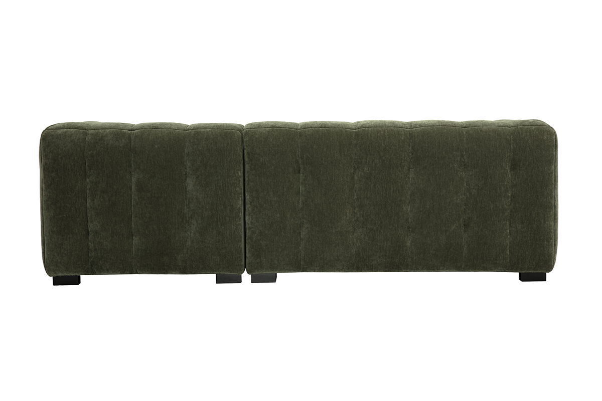 Vue arrire d'un canap d'angle droit 3 places en tissu velours vert kaki.