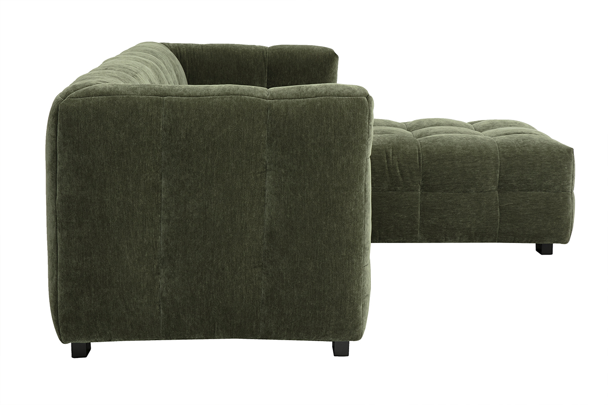 Canap d'angle droit 3 places en tissu velours vert kaki, vue de ct.