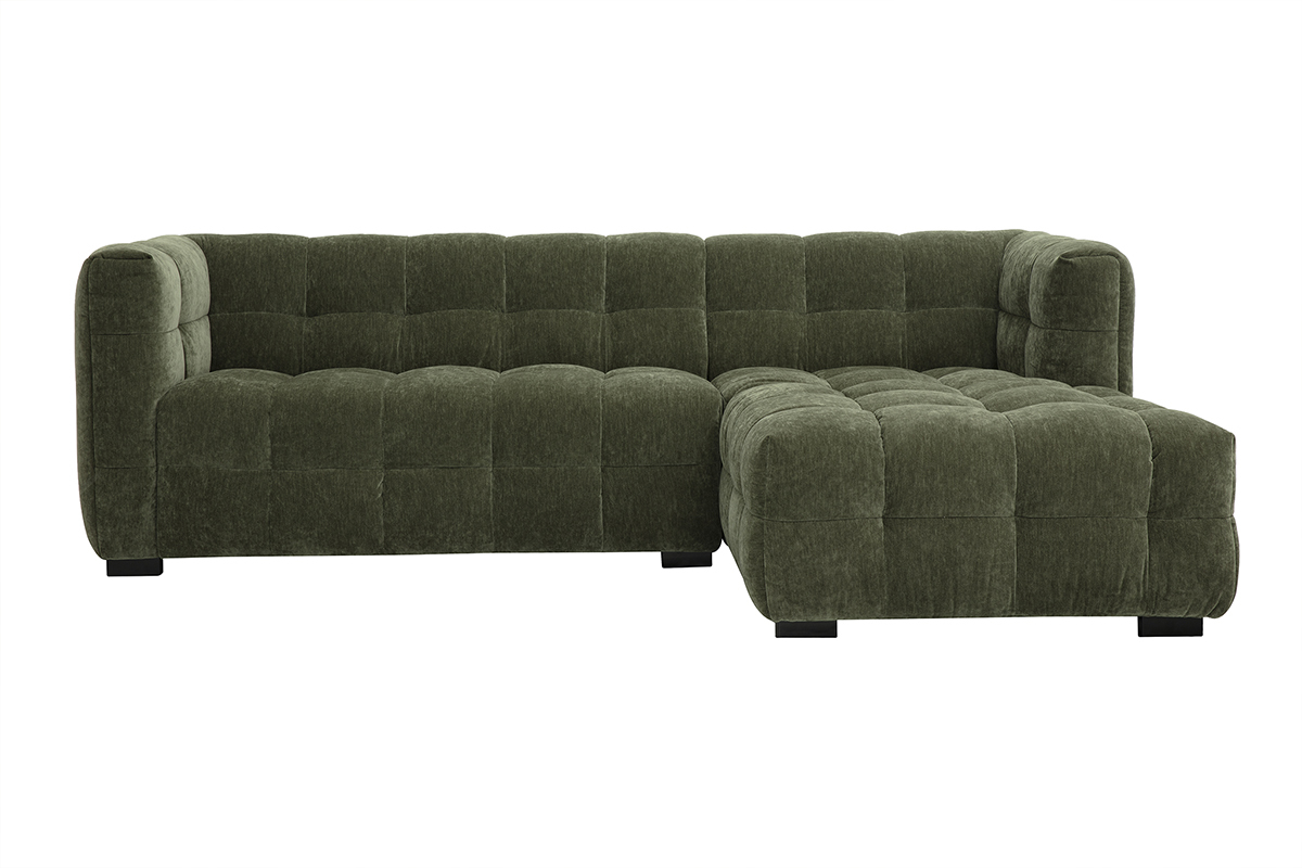 Canap d'angle droit 3 places en tissu vert kaki, effet velours, angle vue de face.
