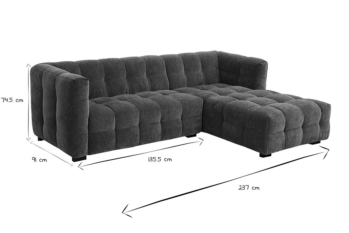 Canap d'angle droit 3 places effet velours vert kaki CORTO, vue de profil, dimensions indiques.