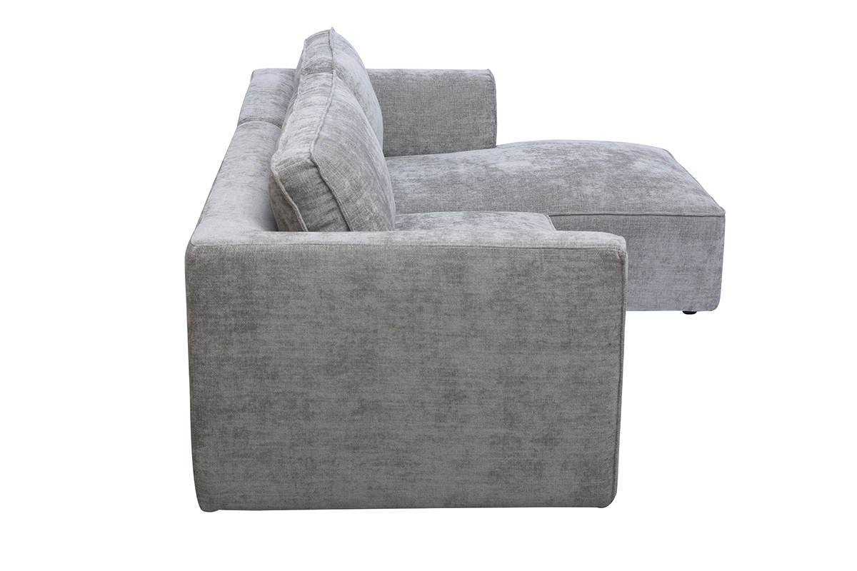Canap� d'angle droit gris en tissu effet velours, vue de c�t�.